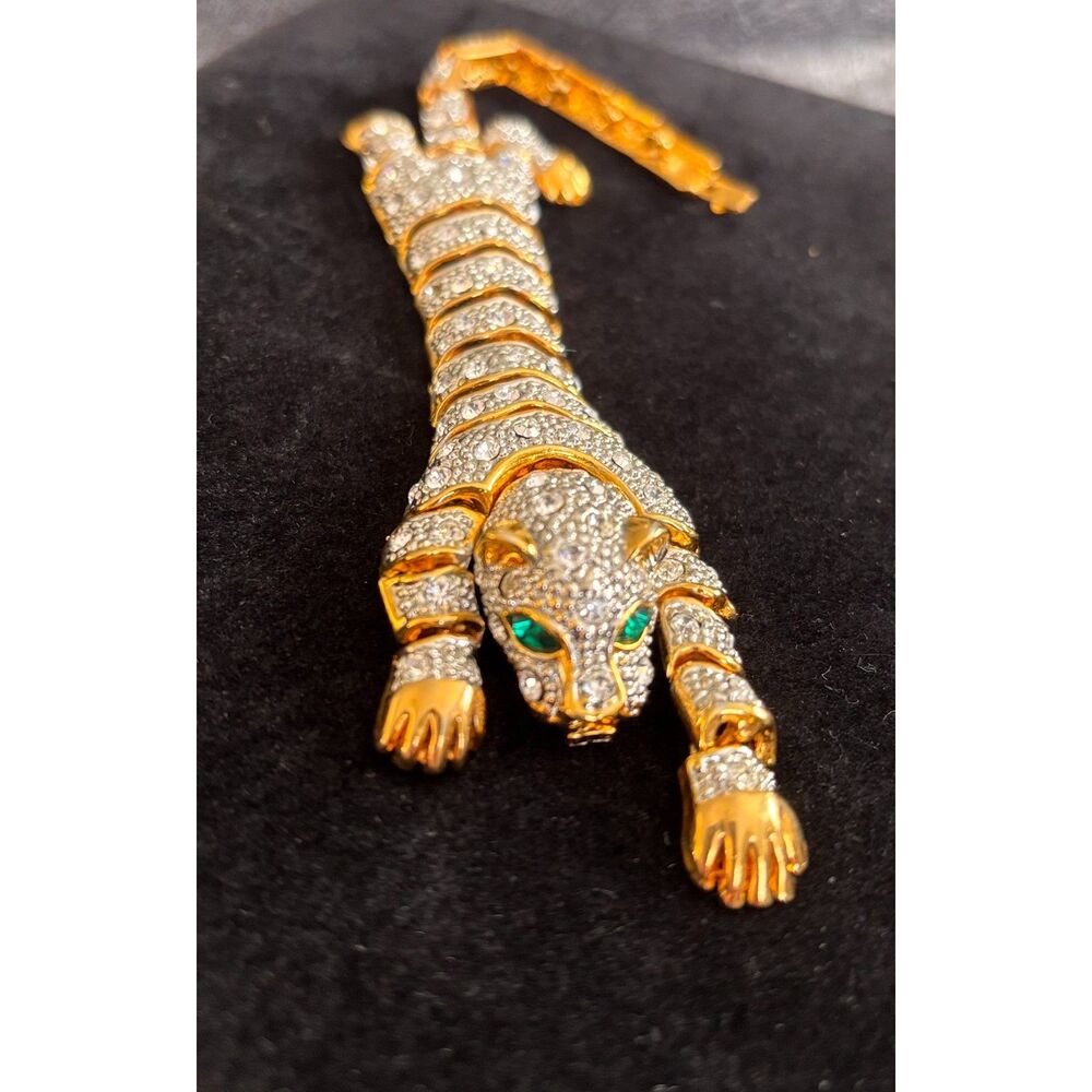 Vtg Articulated Pavé Rhinestone Panther Leopard Bracelet Gold Tone - Picture 3 of 8